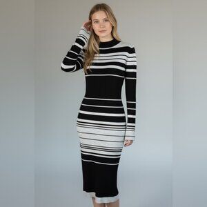 Love Always by FCT Black & Gray Striped Mock-Neck Sweater Midi Dress – Size XL